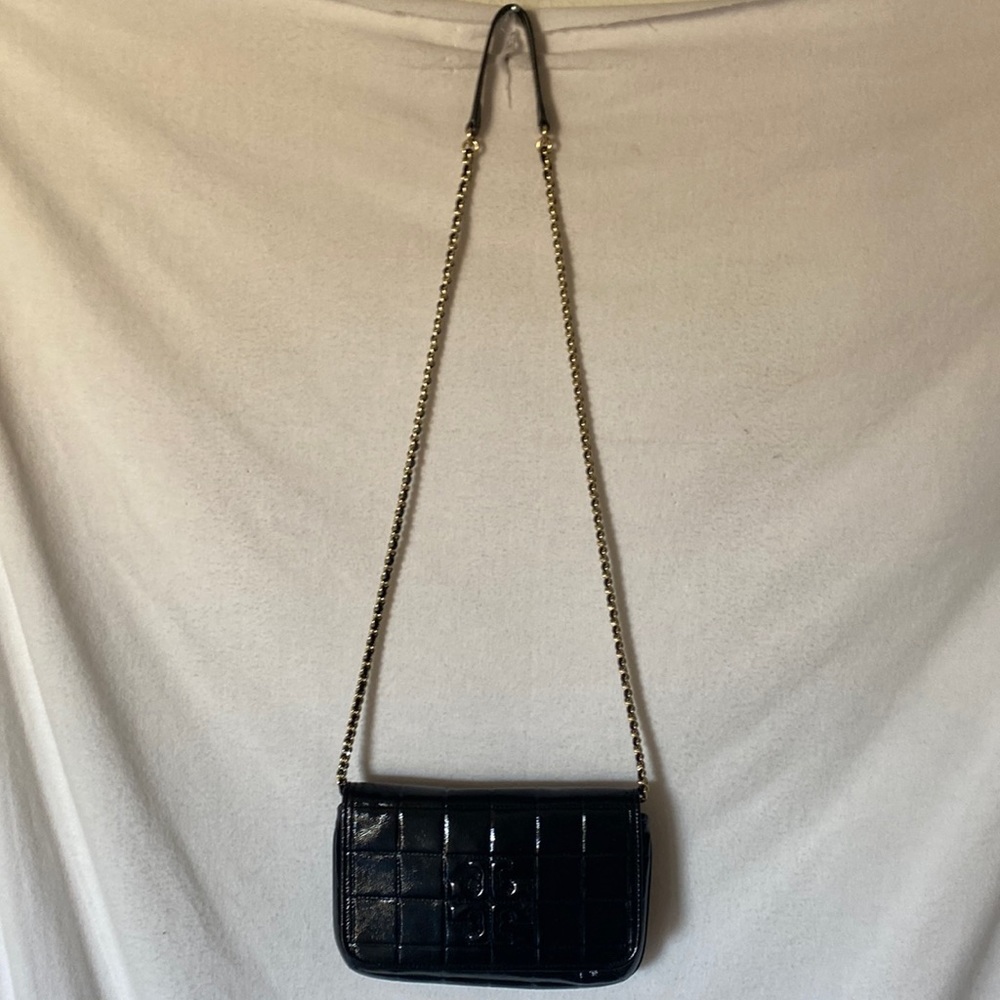 Tory Burch Black Croc Patent Leather with gold/leather Strap 100% Authentic